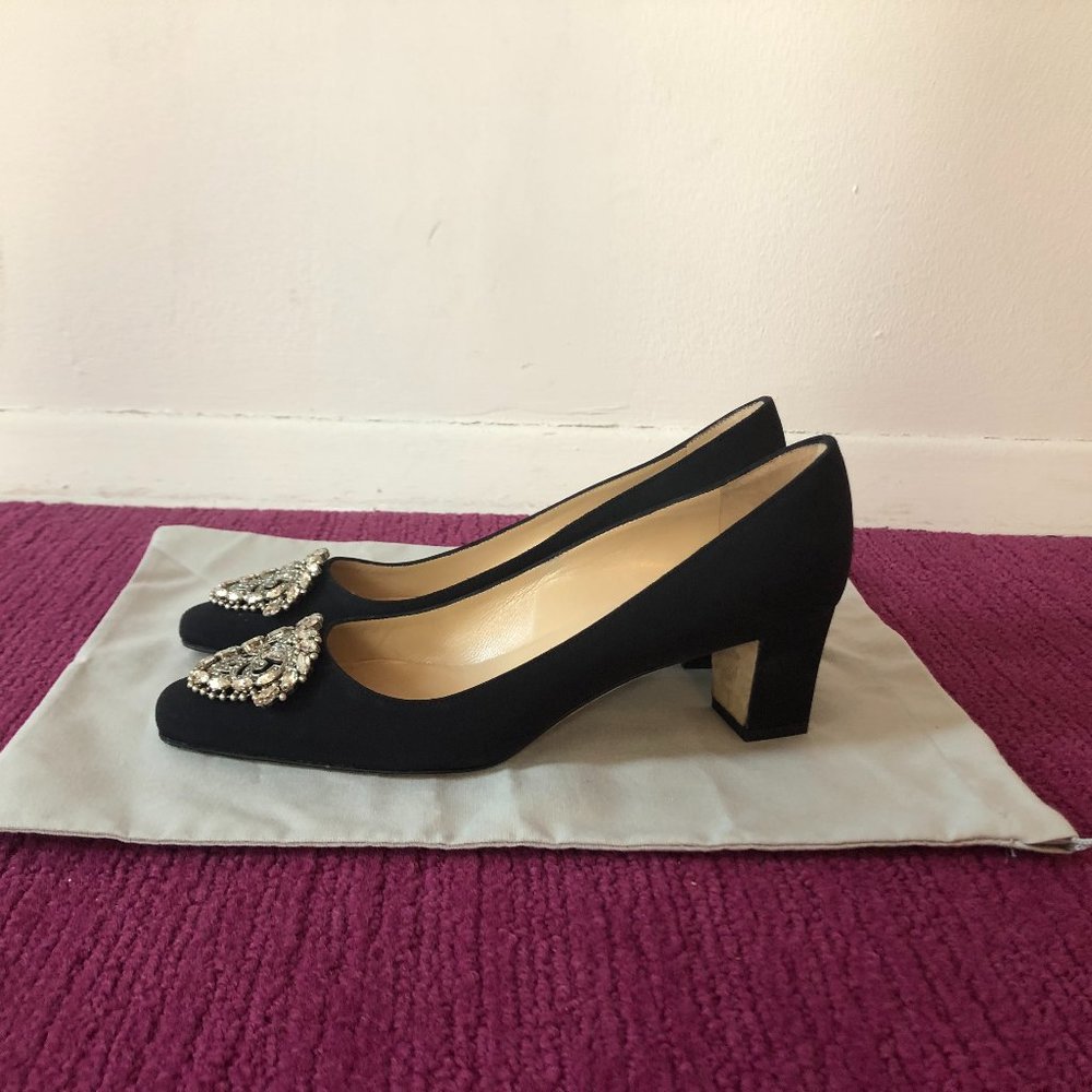 Manolo Blahnik Black Crepe de Chine Crystal Pumps size 6.5